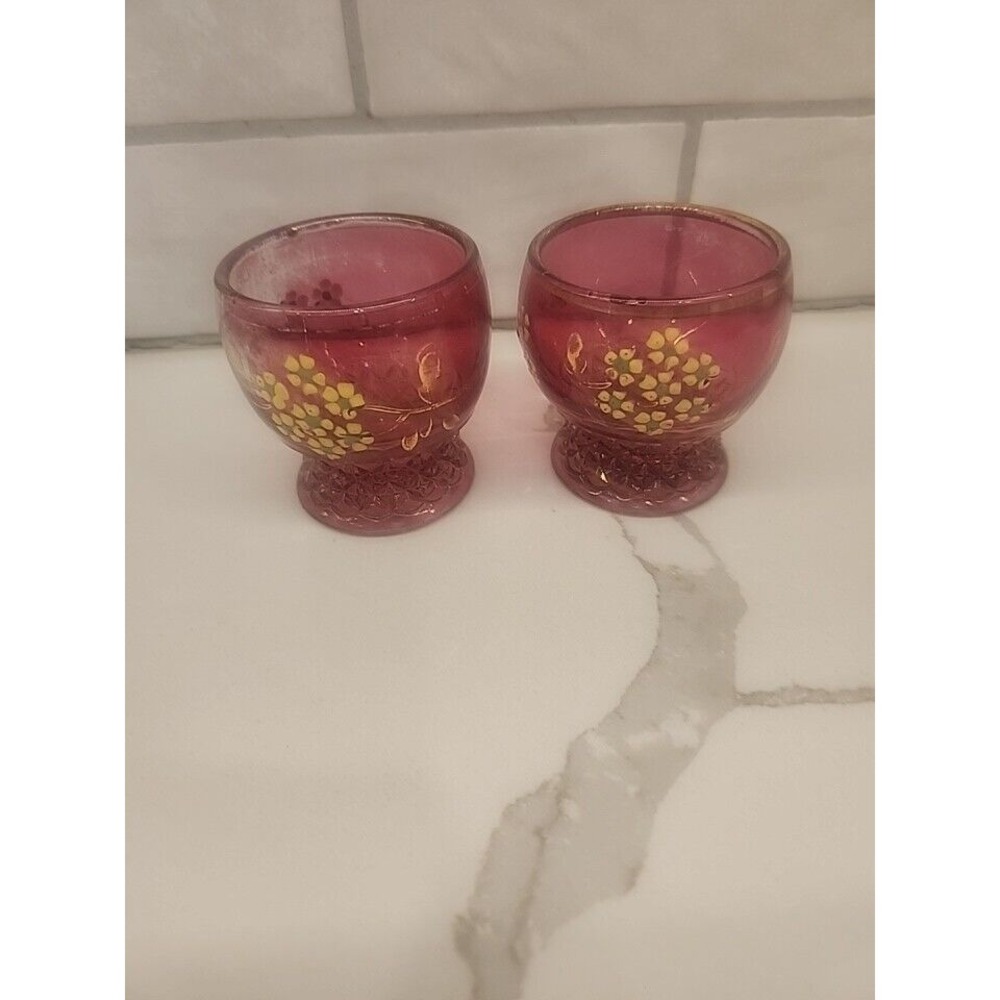 Two Antique EAPG Pink Hand Painted Enamel Daisies Toothpick Holder Flashed Color